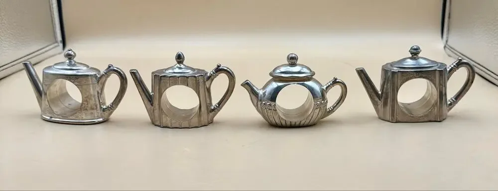 Godinger Silver Teapot Napkin Rings Set of 4 Vintage 1994 Silverplate